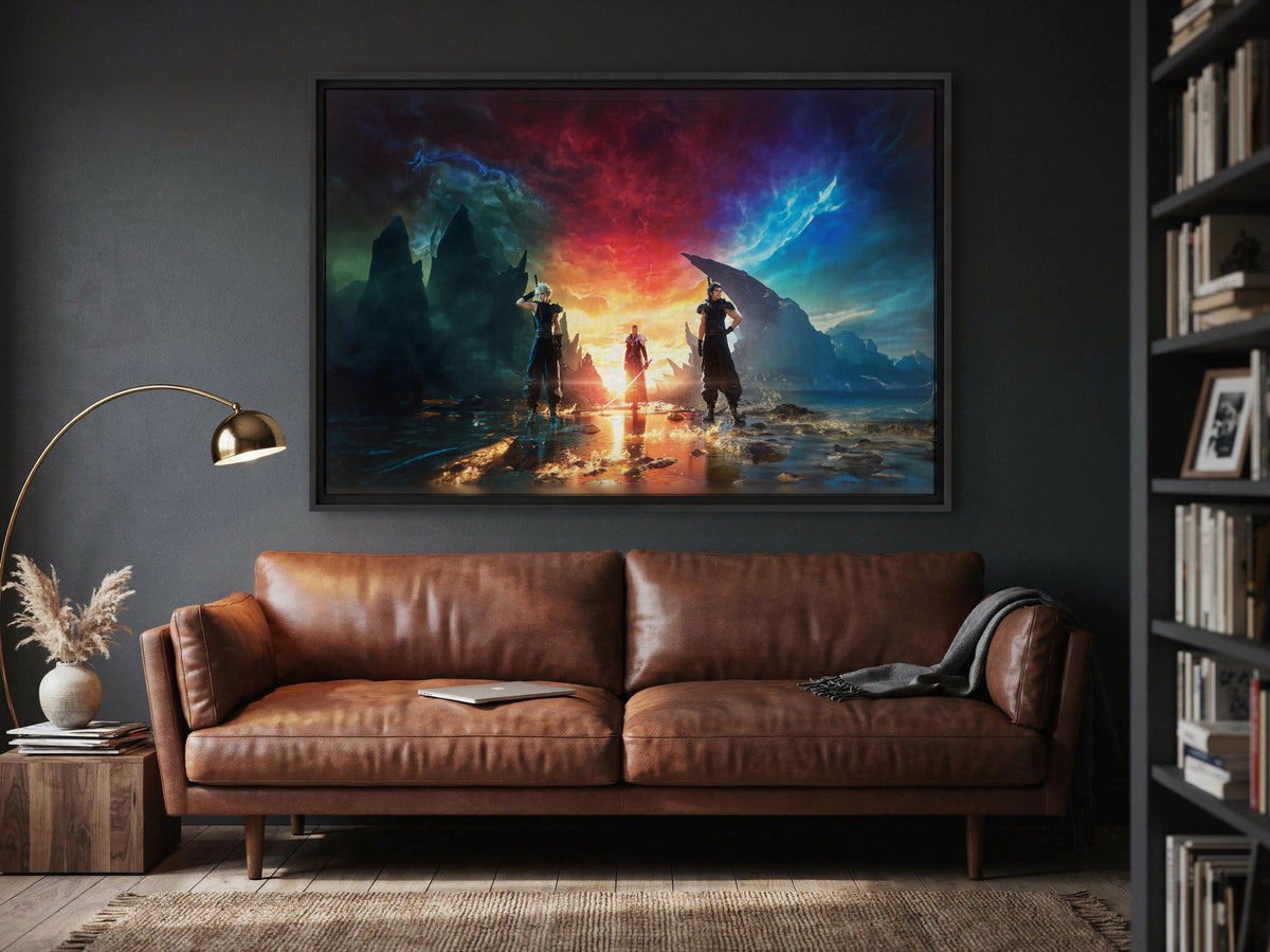 Final Fantasy VII Rebirth Key Art as a black floater framed canvas in a media room
