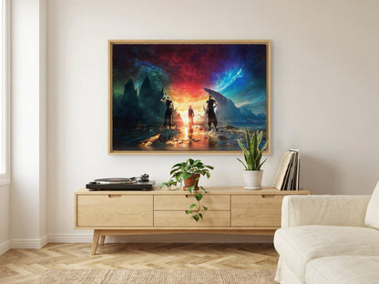 Final Fantasy VII Rebirth Key Art as an oak floater framed canvas in a Scandinavian lounge