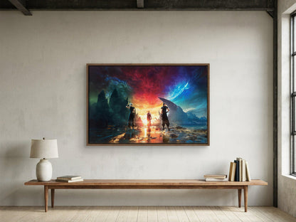 Final Fantasy VII Rebirth Key Art as a walnut floater framed canvas in a loft