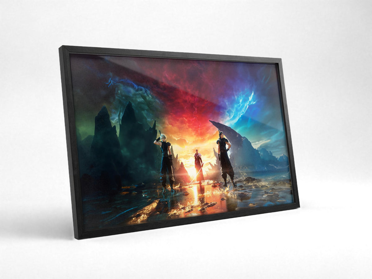 Final Fantasy VII Rebirth Key Art poster in a black frame with glass leaning against a wall