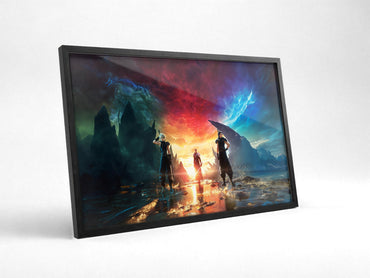Final Fantasy VII Rebirth Key Art poster in a black frame with glass leaning against a wall