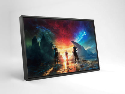 Final Fantasy VII Rebirth Key Art as a black floater framed canvas leaning against a wall