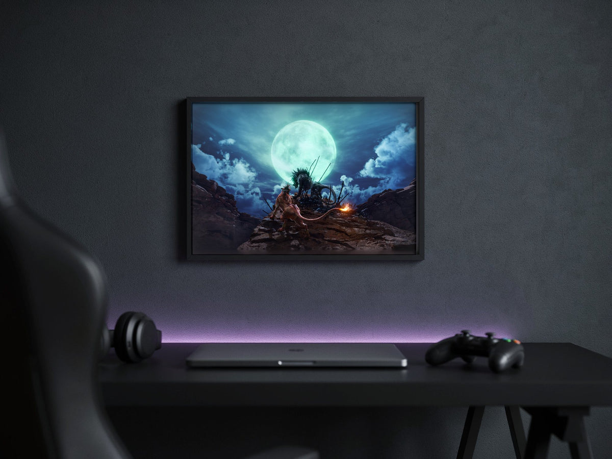 Final Fantasy VII Rebirth Red XIII Key Art poster in a black frame above a gaming desk