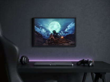 Final Fantasy VII Rebirth Red XIII Key Art poster in a black frame above a gaming desk