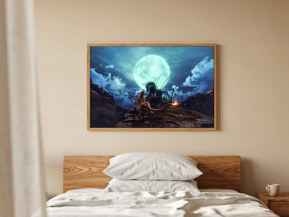 Final Fantasy VII Rebirth Red XIII Key Art poster in a natural oak frame above a bed