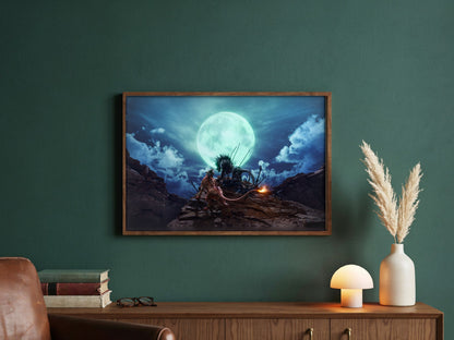 Final Fantasy VII Rebirth Red XIII Key Art poster in a dark walnut frame in a green study
