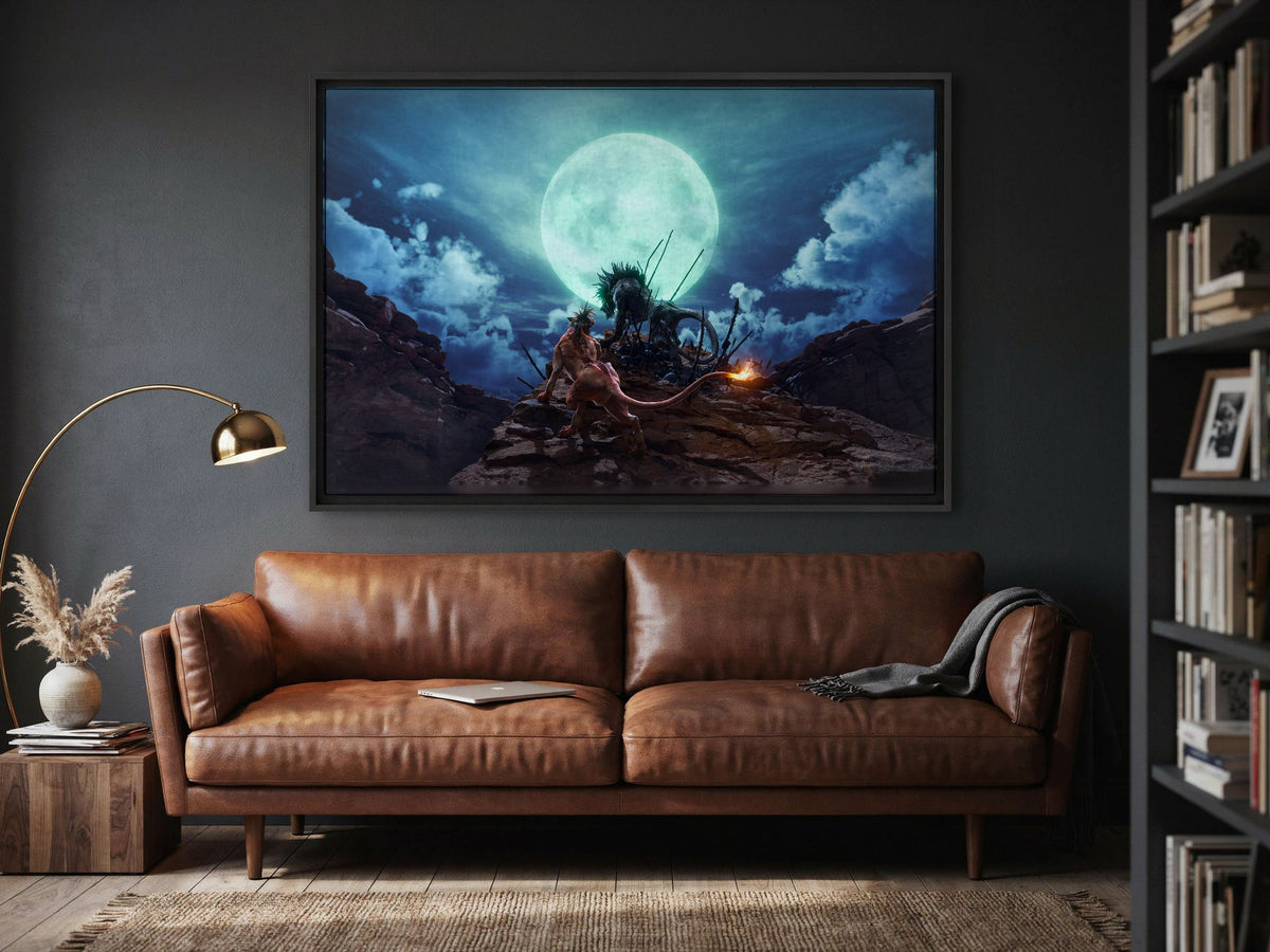 Final Fantasy VII Rebirth Red XIII Key Art as a black floater framed canvas in a media room