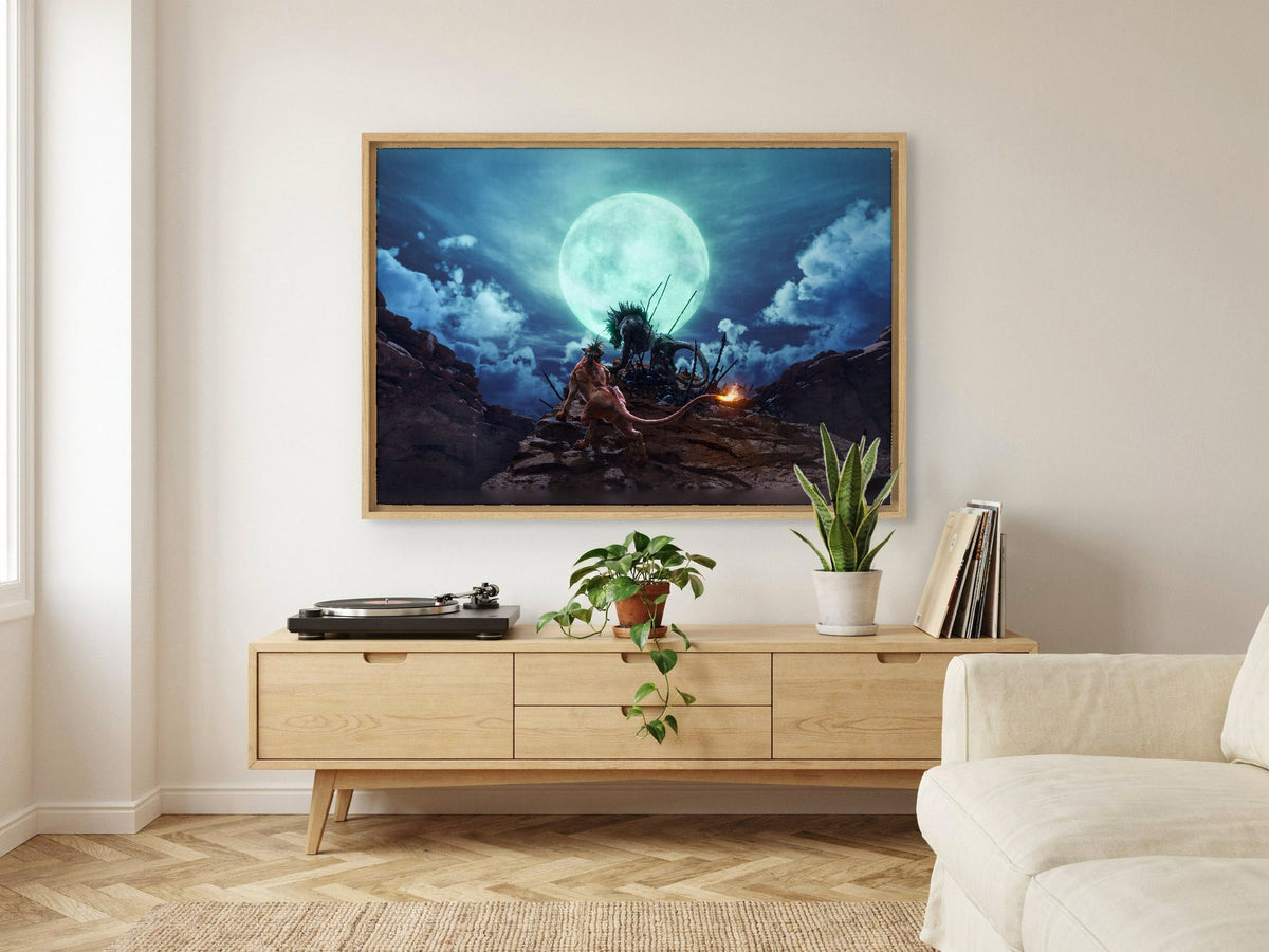 Final Fantasy VII Rebirth Red XIII Key Art as an oak floater framed canvas in a Scandinavian lounge