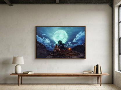 Final Fantasy VII Rebirth Red XIII Key Art as a walnut floater framed canvas in a loft