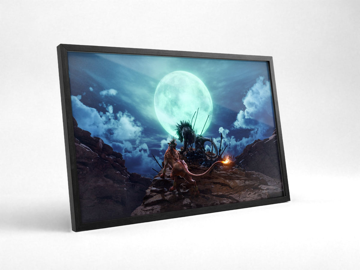 Final Fantasy VII Rebirth Red XIII Key Art poster in a black frame with glass leaning against a wall