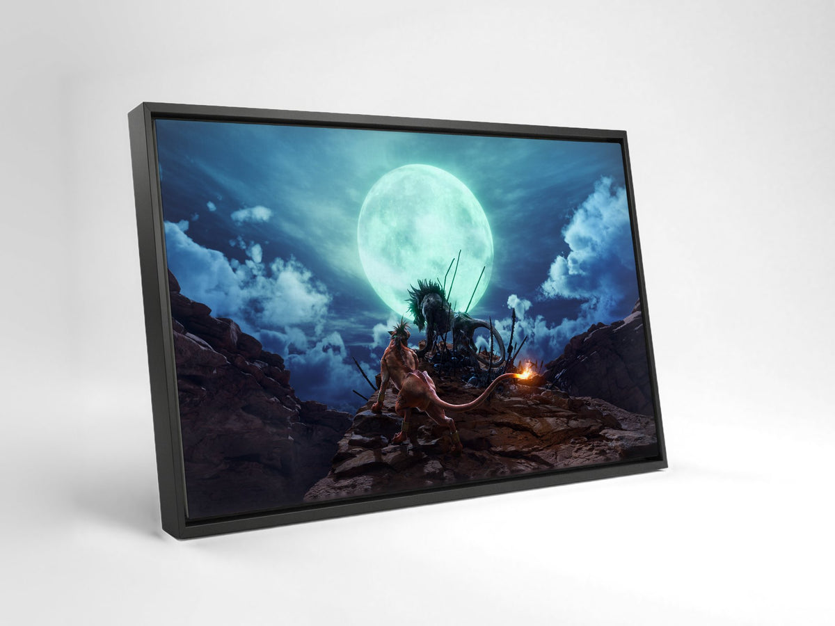 Final Fantasy VII Rebirth Red XIII Key Art as a black floater framed canvas leaning against a wall