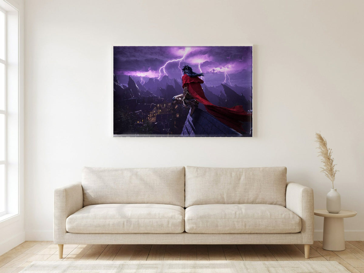 Final Fantasy VII Rebirth Vincent Key Art poster in a white frame in a living room
