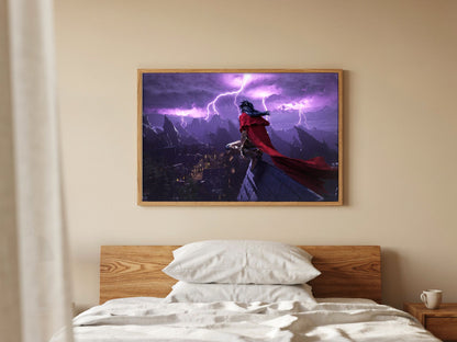 Final Fantasy VII Rebirth Vincent Key Art poster in a natural oak frame above a bed