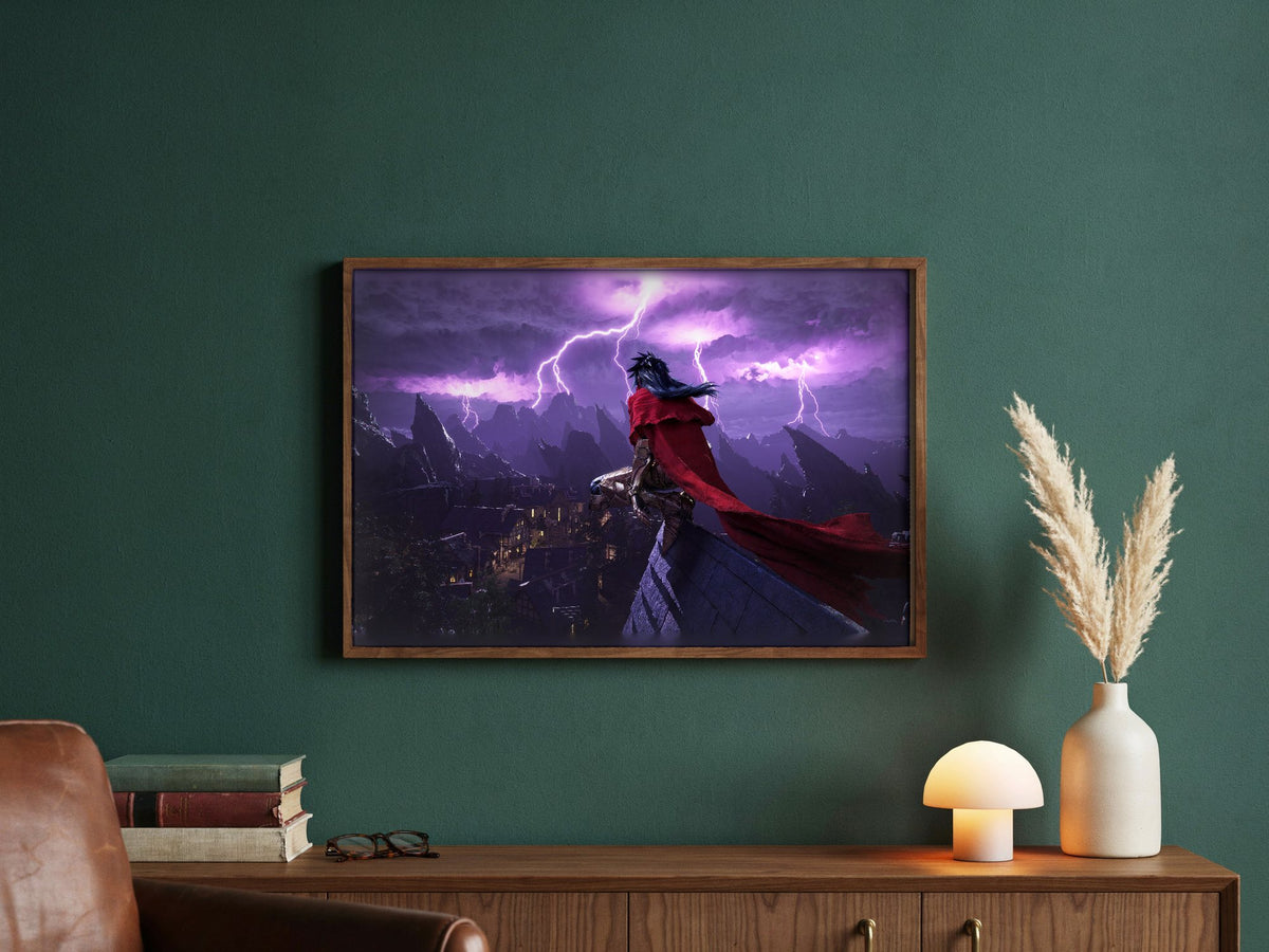 Final Fantasy VII Rebirth Vincent Key Art poster in a dark walnut frame in a green study