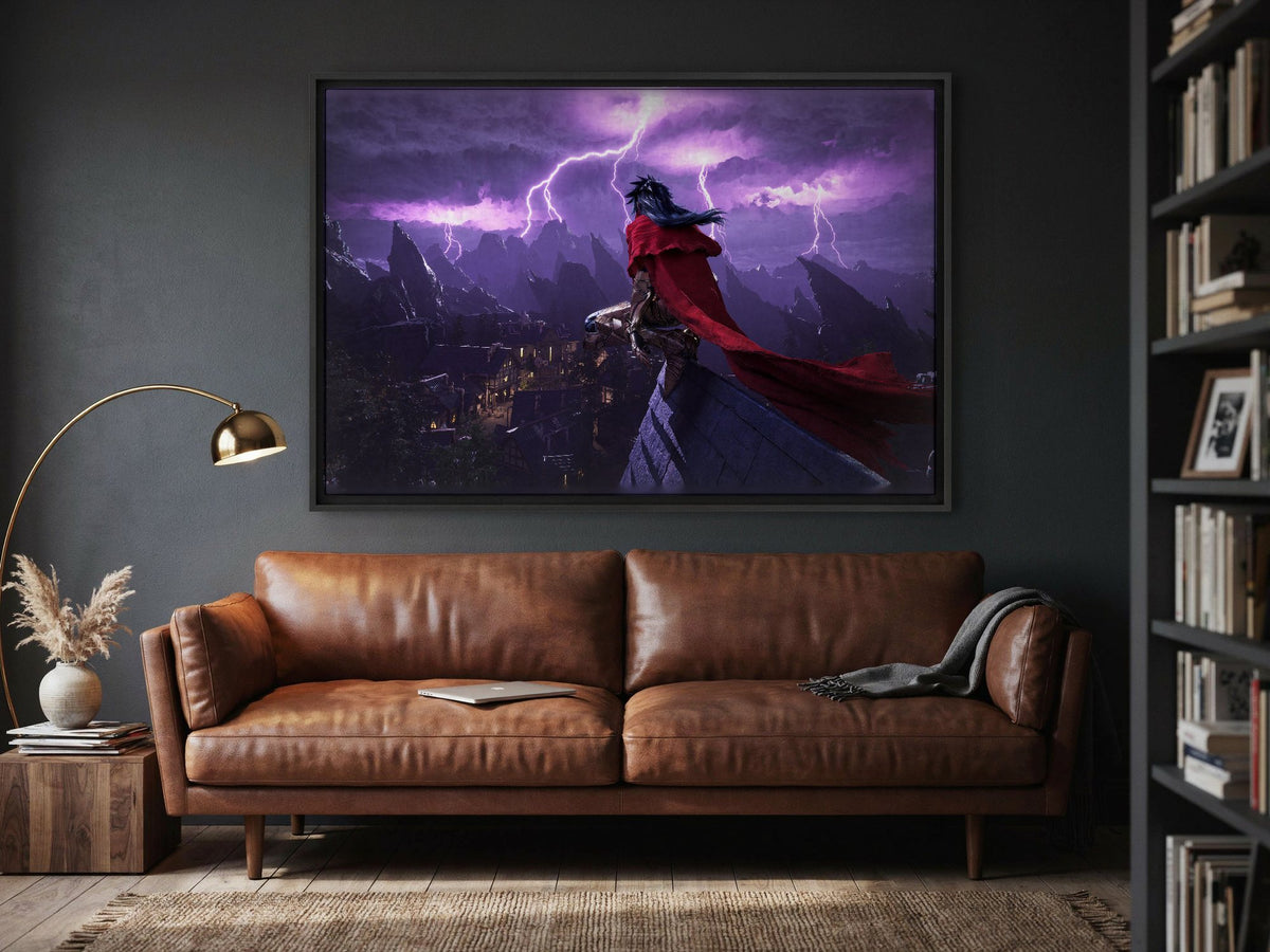 Final Fantasy VII Rebirth Vincent Key Art as a black floater framed canvas in a media room