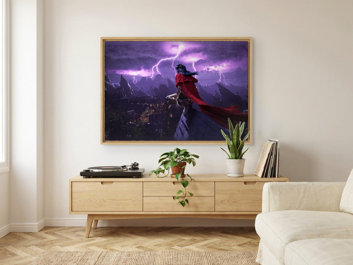 Final Fantasy VII Rebirth Vincent Key Art as an oak floater framed canvas in a Scandinavian lounge