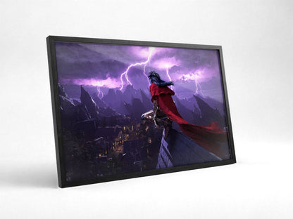 Final Fantasy VII Rebirth Vincent Key Art poster in a black frame with glass leaning against a wall
