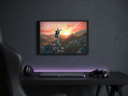 Final Fantasy VII Rebirth Yuffie Key Art poster in a black frame above a gaming desk