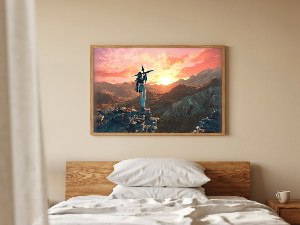 Final Fantasy VII Rebirth Yuffie Key Art poster in a natural oak frame above a bed