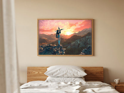 Final Fantasy VII Rebirth Yuffie Key Art poster in a natural oak frame above a bed