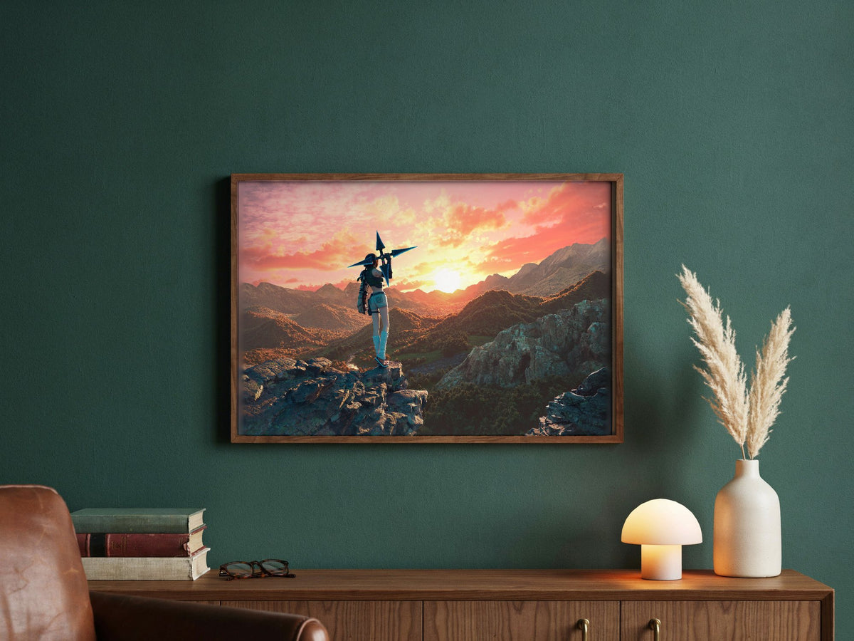 Final Fantasy VII Rebirth Yuffie Key Art poster in a dark walnut frame in a green study