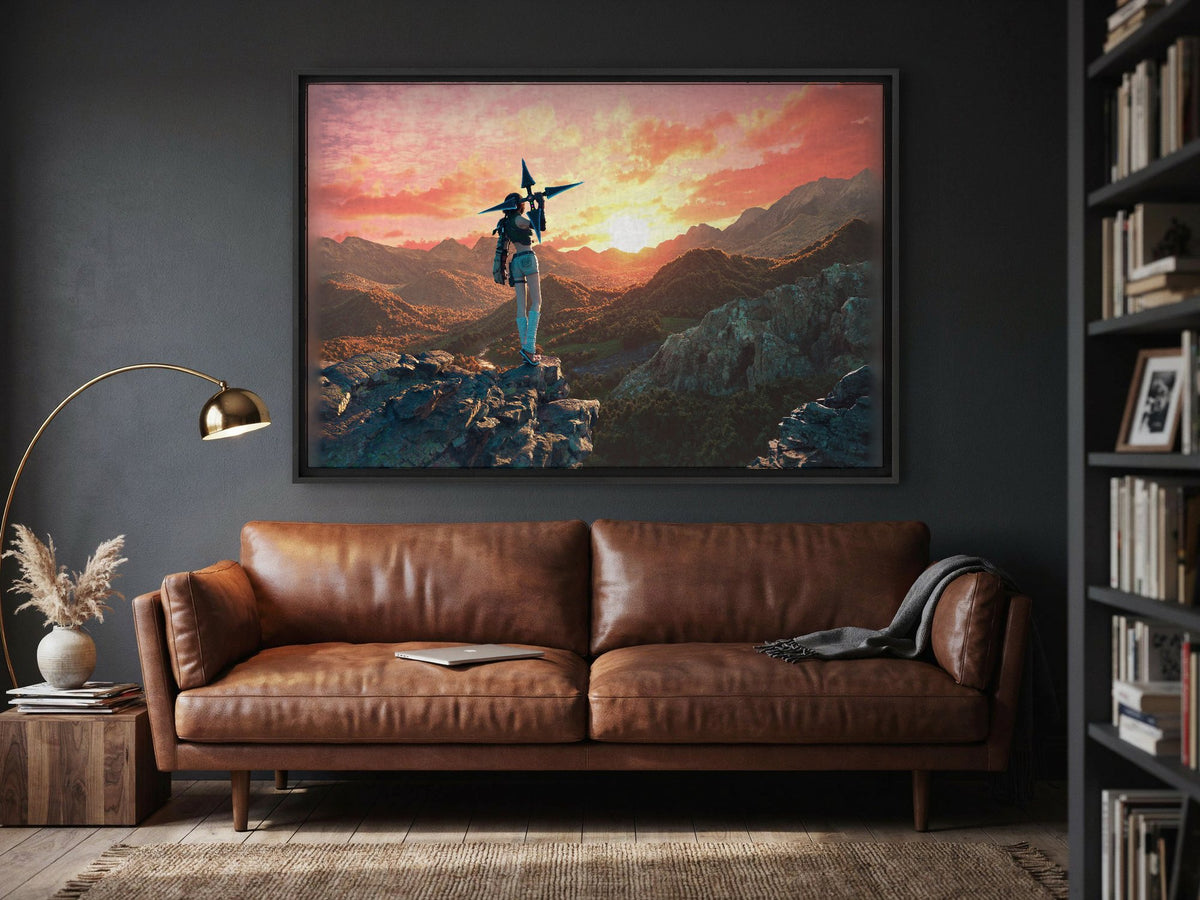 Final Fantasy VII Rebirth Yuffie Key Art as a black floater framed canvas in a media room