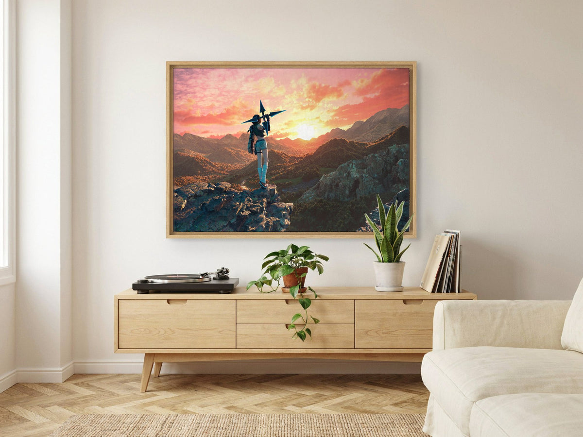 Final Fantasy VII Rebirth Yuffie Key Art as an oak floater framed canvas in a Scandinavian lounge