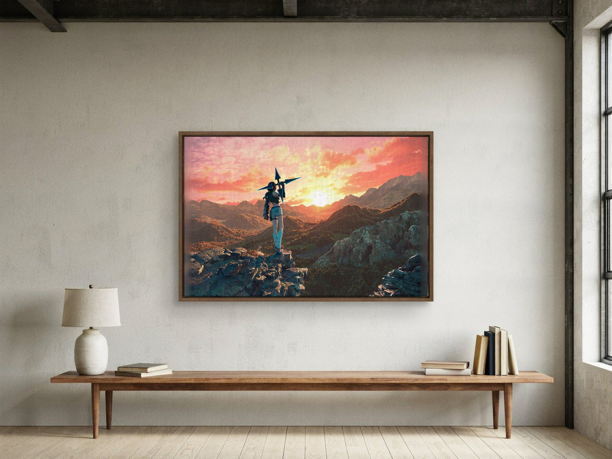 Final Fantasy VII Rebirth Yuffie Key Art as a walnut floater framed canvas in a loft