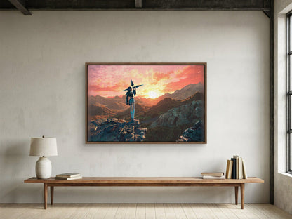 Final Fantasy VII Rebirth Yuffie Key Art as a walnut floater framed canvas in a loft