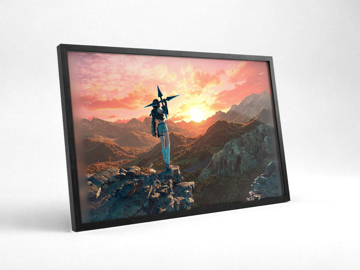 Final Fantasy VII Rebirth Yuffie Key Art poster in a black frame with glass leaning against a wall