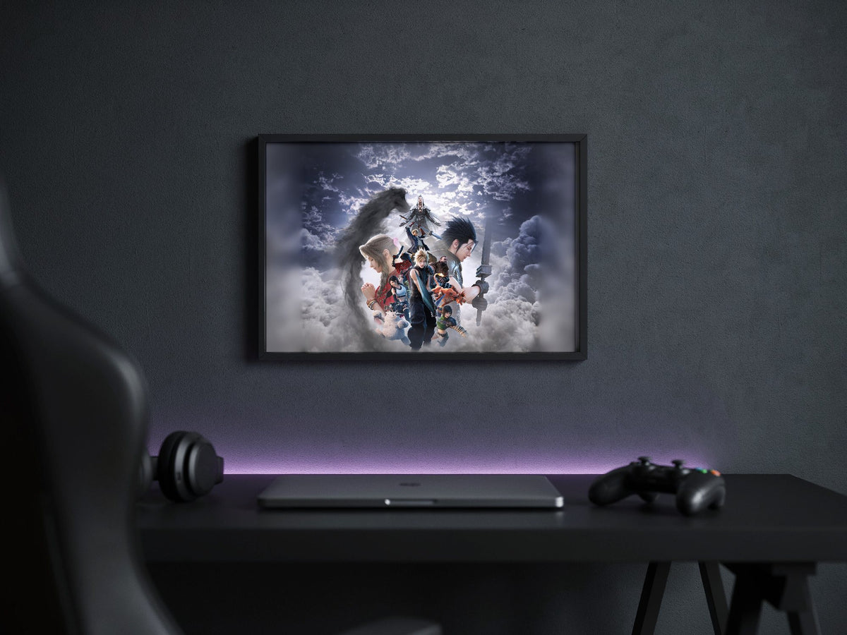 Final Fantasy VII Revelation Key Art 2 poster in a black frame above a gaming desk (horizontal)
