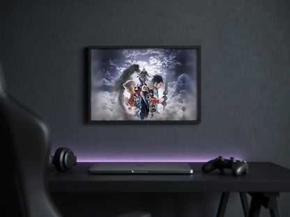 Final Fantasy VII Revelation Key Art 2 poster in a black frame above a gaming desk (horizontal)