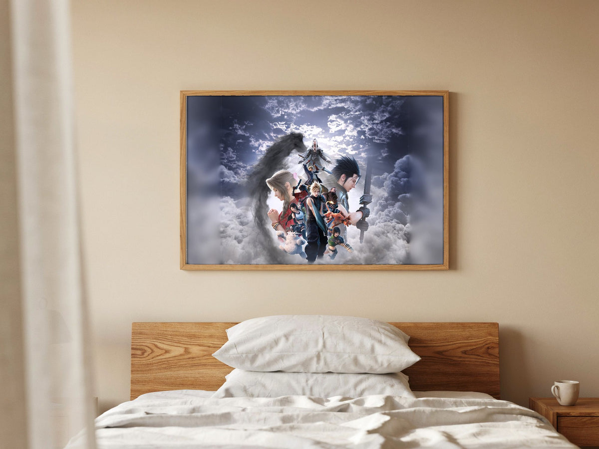 Final Fantasy VII Revelation Key Art 2 poster in a natural oak frame above a bed (horizontal)