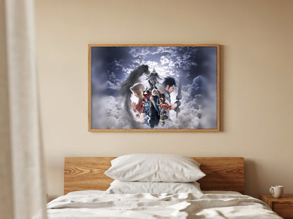 Final Fantasy VII Revelation Key Art 2 poster in a natural oak frame above a bed (horizontal)