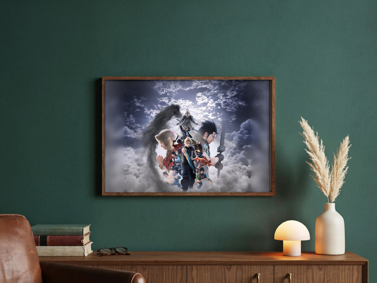 Final Fantasy VII Revelation Key Art 2 poster in a dark walnut frame in a green study (horizontal)