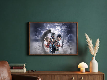 Final Fantasy VII Revelation Key Art 2 poster in a dark walnut frame in a green study (horizontal)