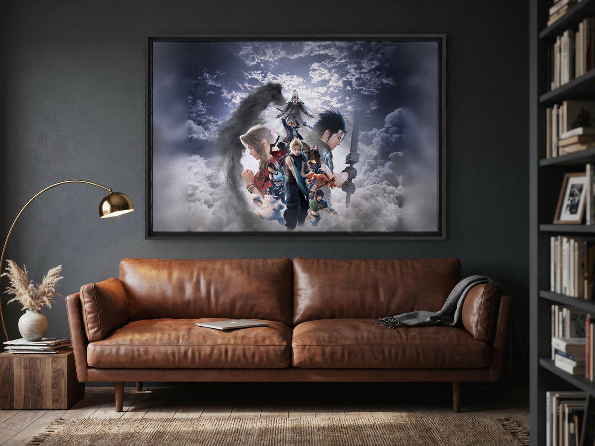 Final Fantasy VII Revelation Key Art 2 as a black floater framed canvas in a media room (horizontal)
