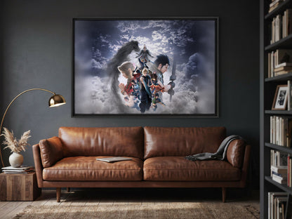 Final Fantasy VII Revelation Key Art 2 as a black floater framed canvas in a media room (horizontal)