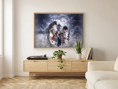 Final Fantasy VII Revelation Key Art 2 as an oak floater framed canvas in a Scandinavian lounge (horizontal)