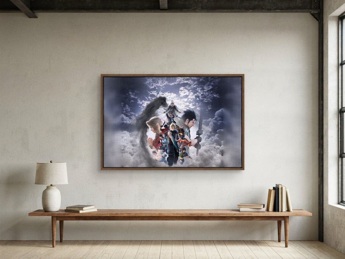 Final Fantasy VII Revelation Key Art 2 as a walnut floater framed canvas in a loft (horizontal)