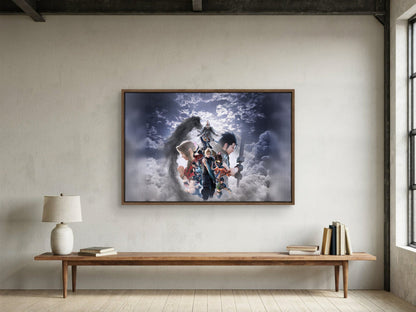 Final Fantasy VII Revelation Key Art 2 as a walnut floater framed canvas in a loft (horizontal)
