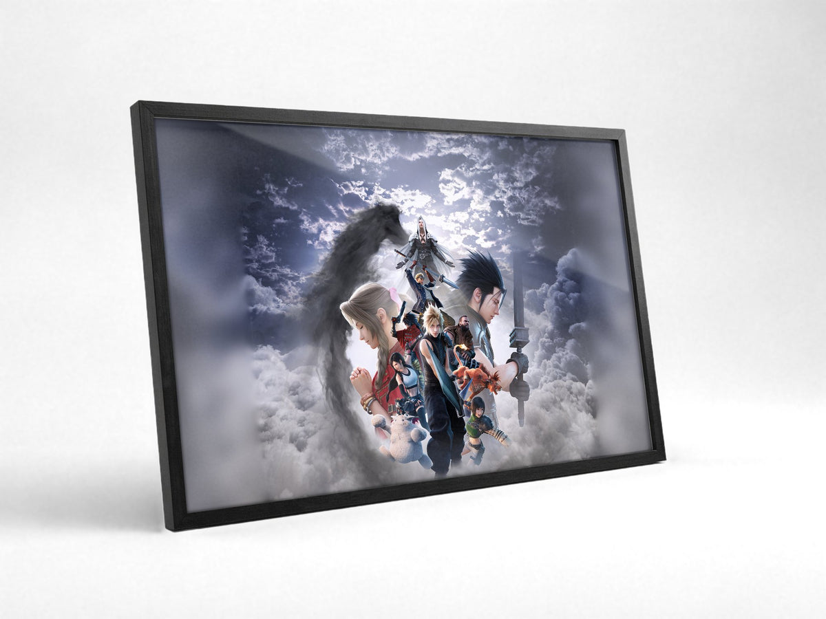 Final Fantasy VII Revelation Key Art 2 poster in a black frame with glass leaning against a wall (horizontal)