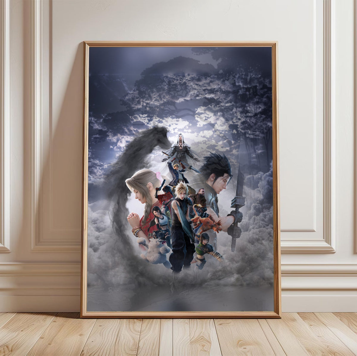 Final Fantasy VII Revelation Key Art 2 poster in a light oak frame leaning against a white wall (vertical)