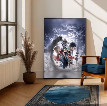 Final Fantasy VII Revelation Key Art 2 poster framed beside a blue armchair in a sunlit room (vertical)