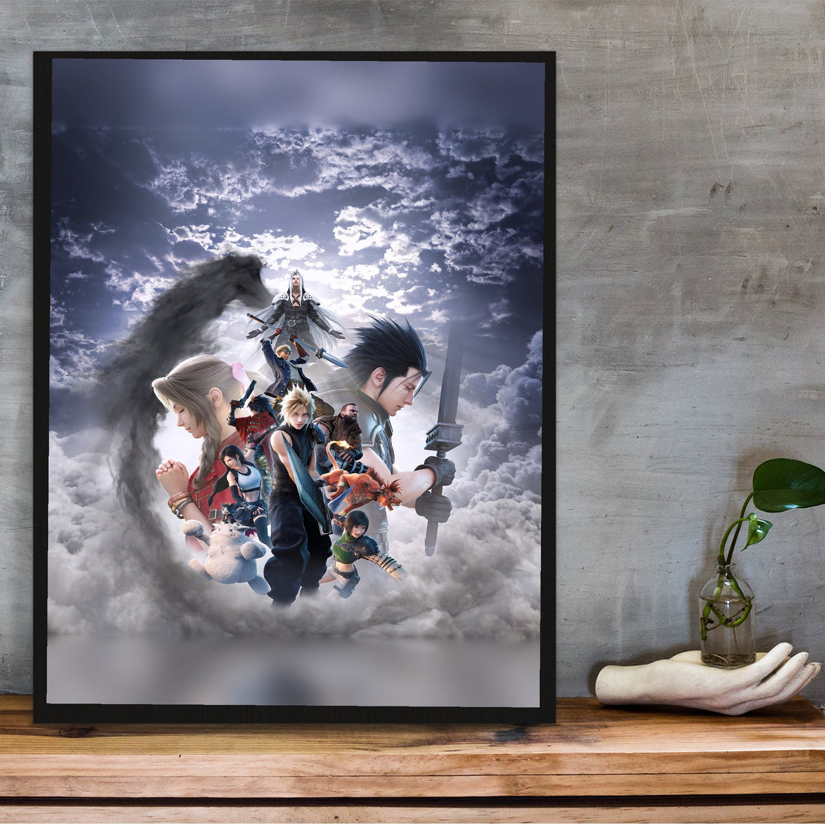 Final Fantasy VII Revelation Key Art 2 poster in a black frame on a wooden shelf against concrete (vertical)