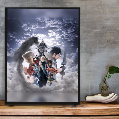 Final Fantasy VII Revelation Key Art 2 poster in a black frame on a wooden shelf against concrete (vertical)