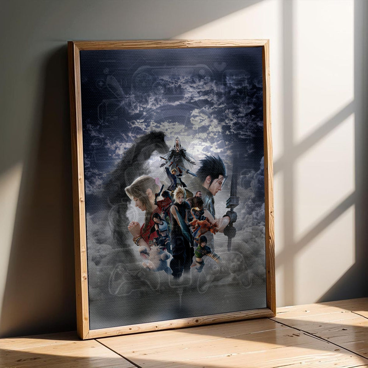 Final Fantasy VII Revelation Key Art 2 poster in an oak frame leaning on a wooden floor (vertical)