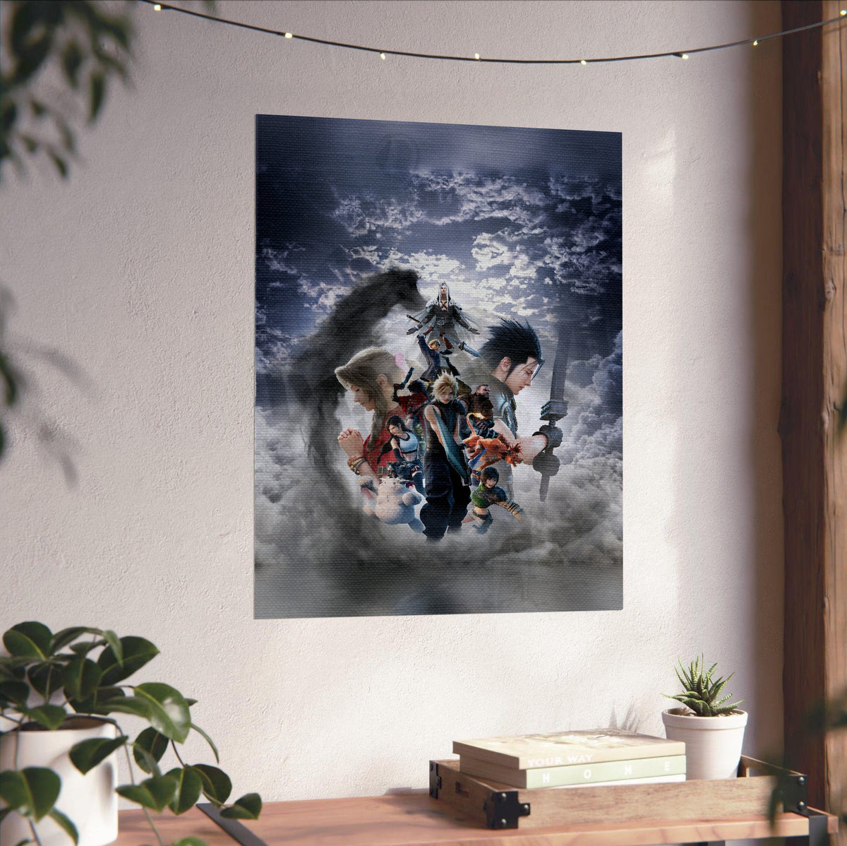 Final Fantasy VII Revelation Key Art 2 poster unframed on a white wall above a desk (vertical)