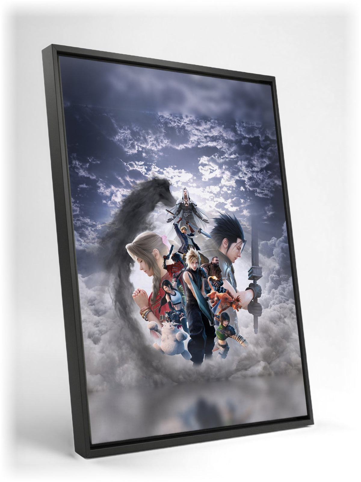 Final Fantasy VII Revelation Key Art 2 as a black floater framed canvas leaning against a wall (vertical)