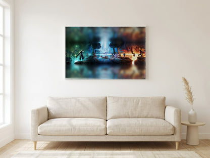 Final Fantasy VII Revelation Trilogy Art poster in a white frame in a living room (horizontal)